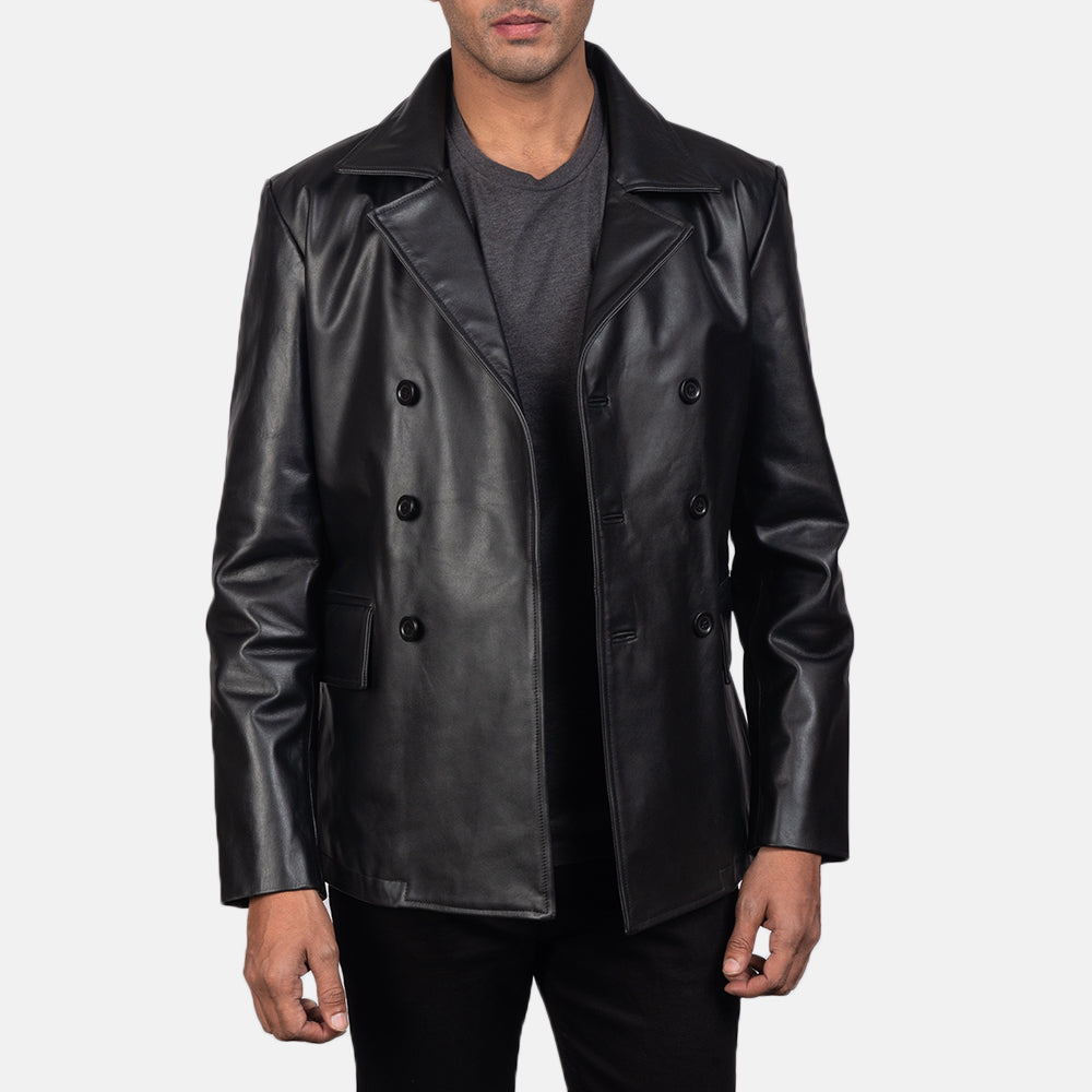 Vue détaillée of Notch &amp; Buttons Hardware on Men's Mr. Bailey Noir Leather Naval Peacoat pour Homme