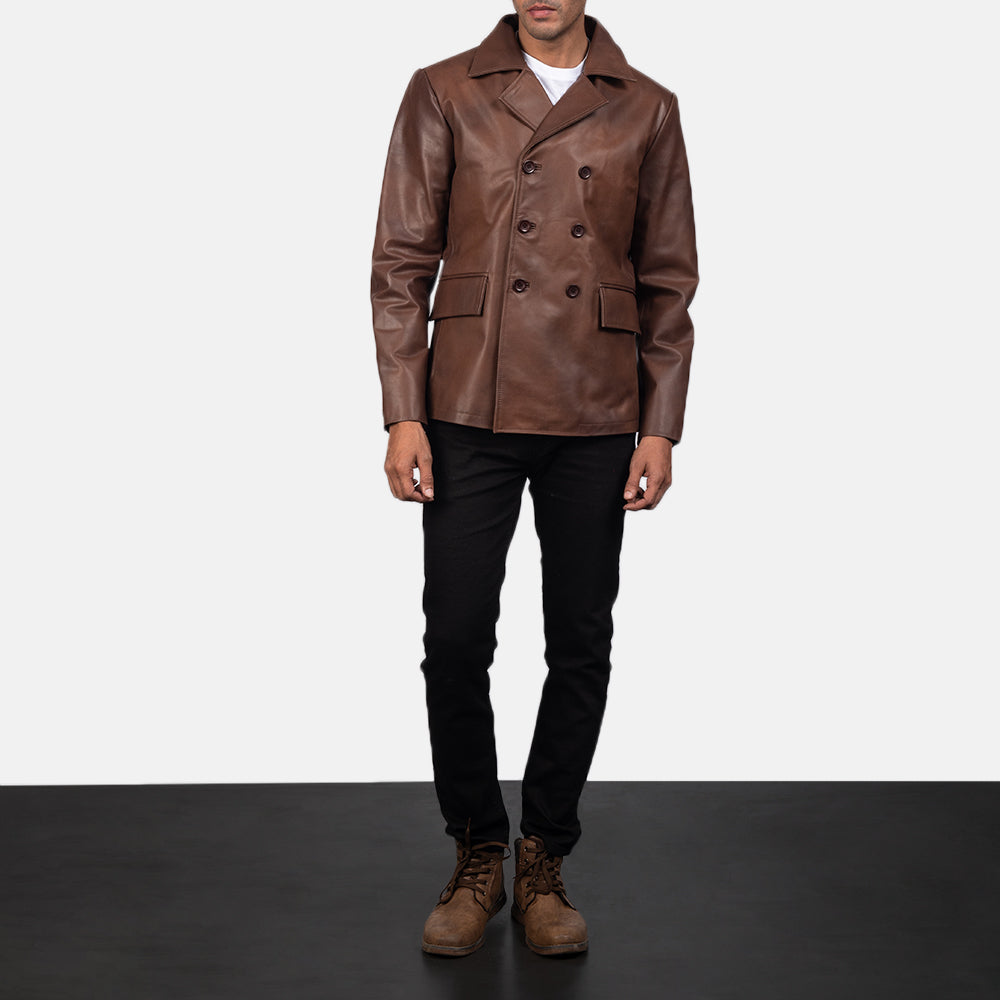 Mr. Bailey Marron Leather Naval Peacoat pour Homme - Vue de profil avec coupe de manche ergonomique