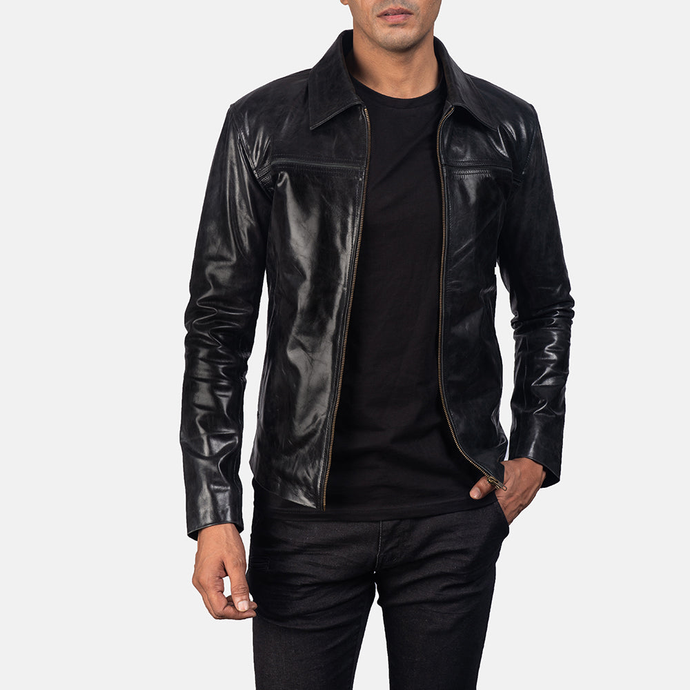 
Mystical Black Leather Jacket in Black Cowhide Leather - Vue de face & silhouette ajustée | Acheter en ligne