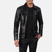 
Mystical Black Leather Jacket in Black Cowhide Leather - Vue de face & silhouette ajustée | Acheter en ligne