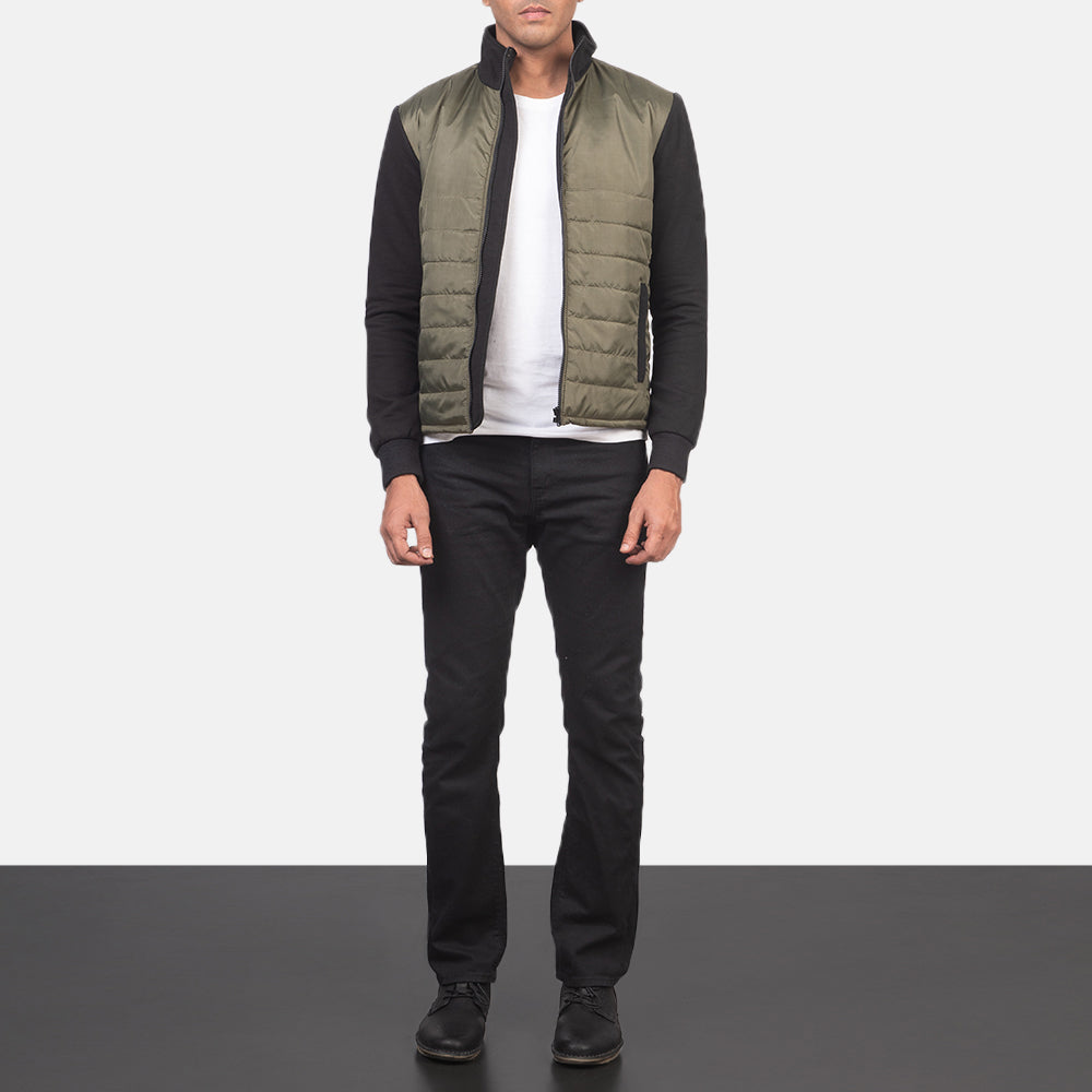 
Nashville Matelassé Vert Windbreaker Veste en Cuir pour Homme - Vue de profil mettant en valeur la coupe de manche ergonomique