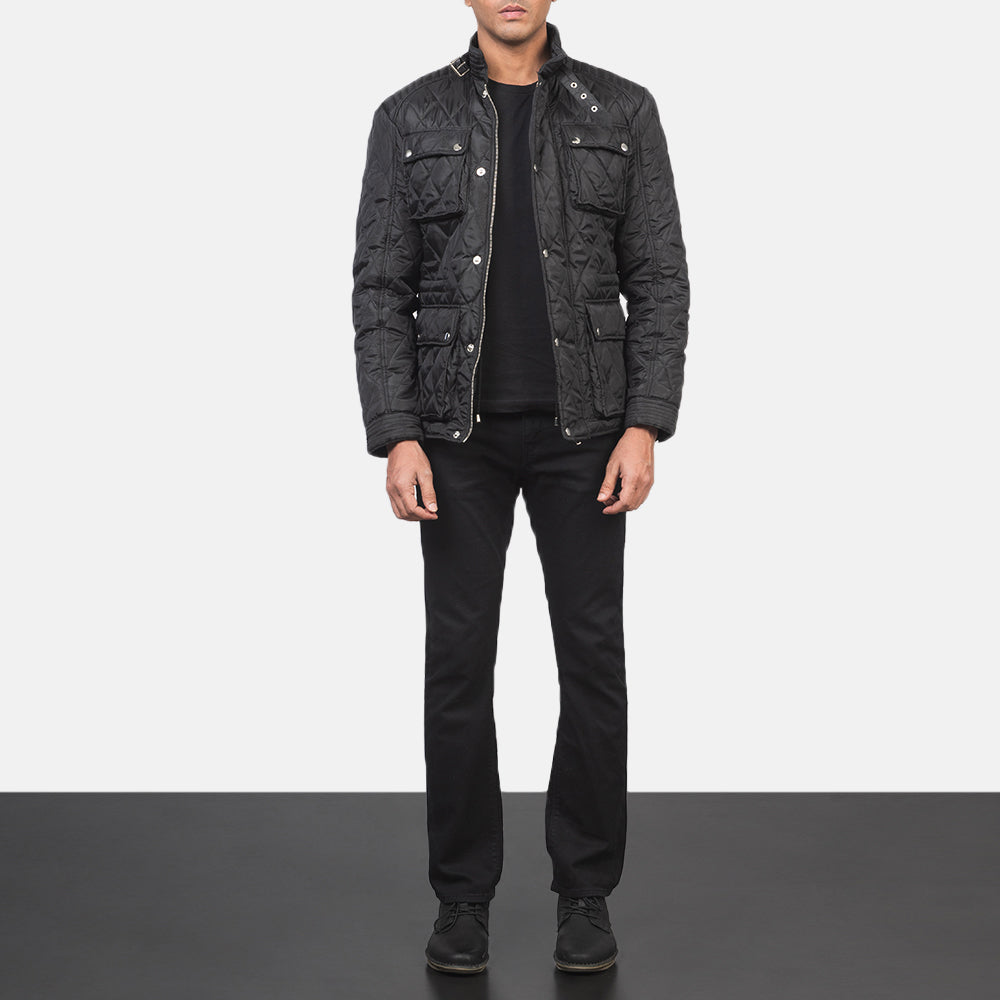 Nelson Quilted Black Windbreaker Jacket - Vue de profil mettant en valeur la coupe de manche ergonomique