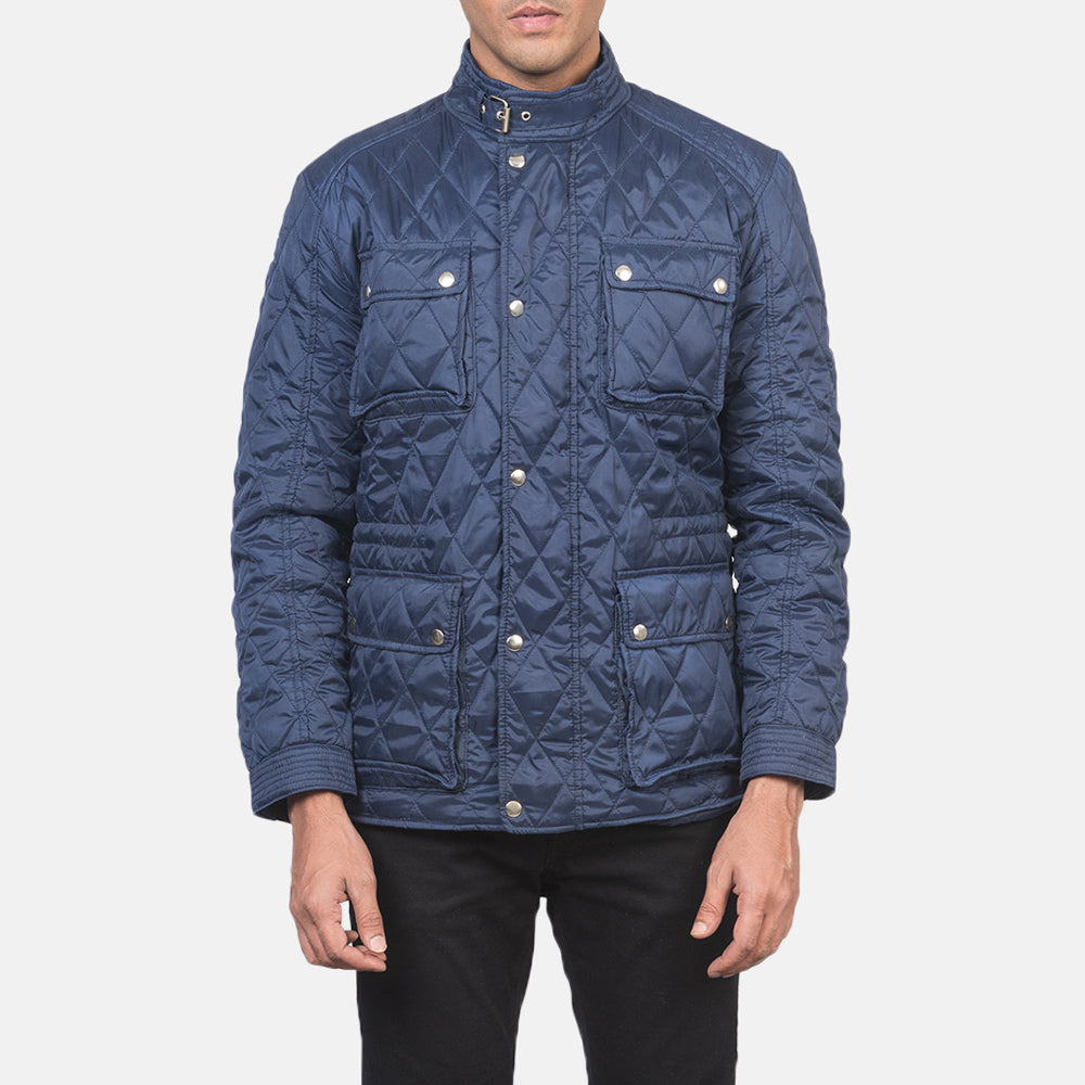 Men's Nelson Matelassé Bleu Windbreaker Veste en Cuir pour Homme - Vue de profil avec coupe de manche ergonomique