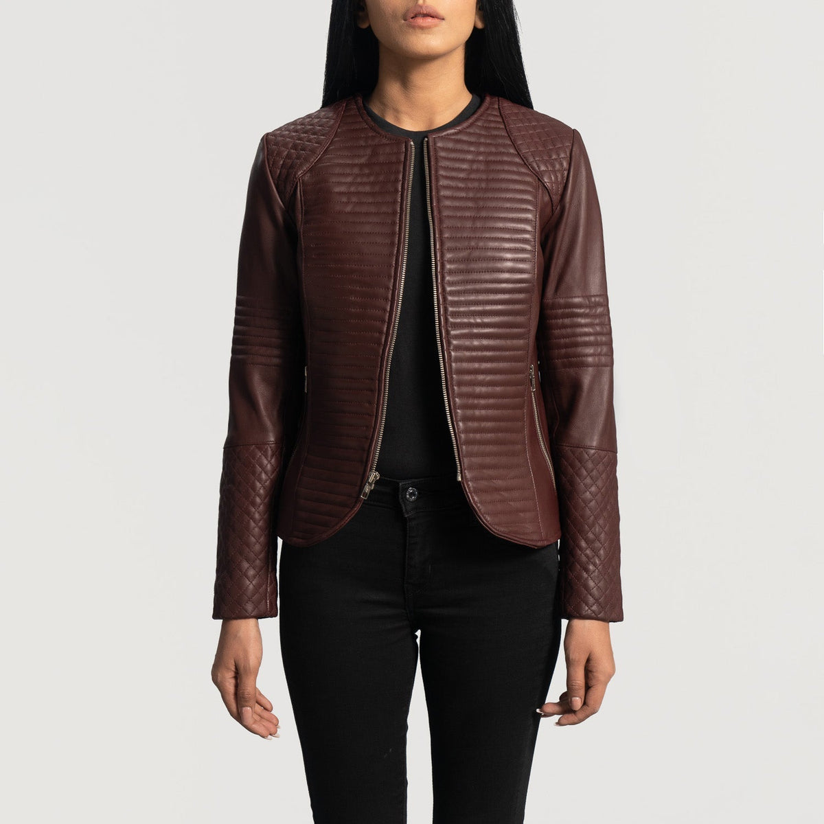 
Nexi Quilted Maroon Leather Jacket - Vue de profil mettant en valeur la coupe de manche ergonomique