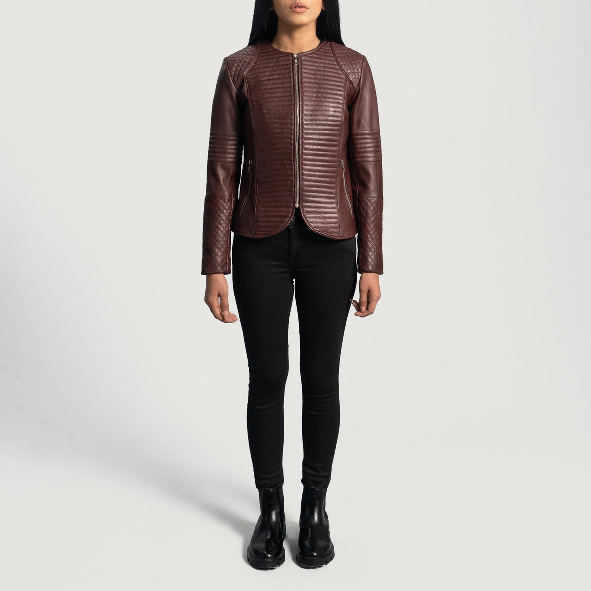 
Vue détaillée of Classic Collar & Zipper Hardware on Nexi Quilted Maroon Leather Jacket