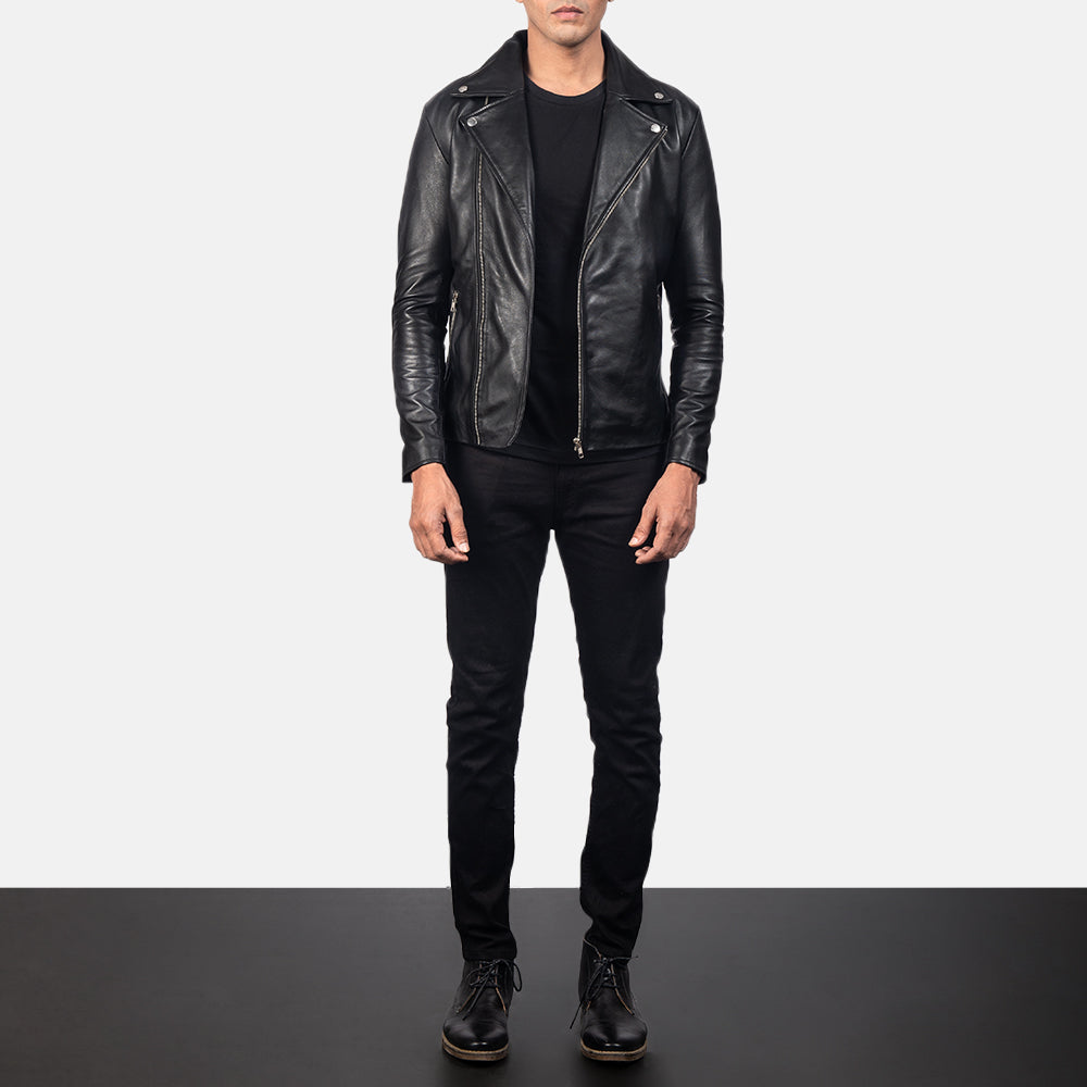 Vue détaillée of Notch &amp; Zipper Hardware on Men's Noah Black Leather Biker Jacket