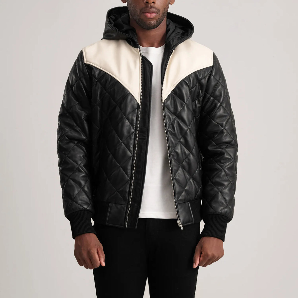 
Norman Tan Hooded Bomber Leather Puffer Jacket in Tan Brown Sheepskin Leather - Vue de face & silhouette ajustée | Acheter en ligne