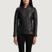 Women's Orient Grain Matelassé Noir Veste Motard en Cuir pour Femme in Black Sheepskin Leather - Vue de face &amp; silhouette ajustée | Acheter en ligne