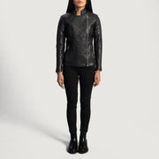 Vue détaillée of Band &amp; Zipper Hardware on Women's Orient Grain Matelassé Noir Veste Motard en Cuir pour Femme