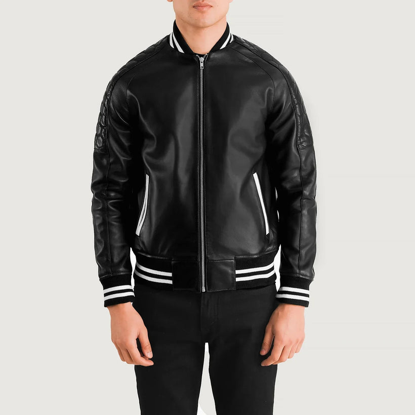 Pascal Noir Leather Varsity Veste en Cuir pour Homme