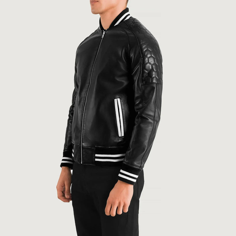 Pascal Noir Leather Varsity Veste en Cuir pour Homme
