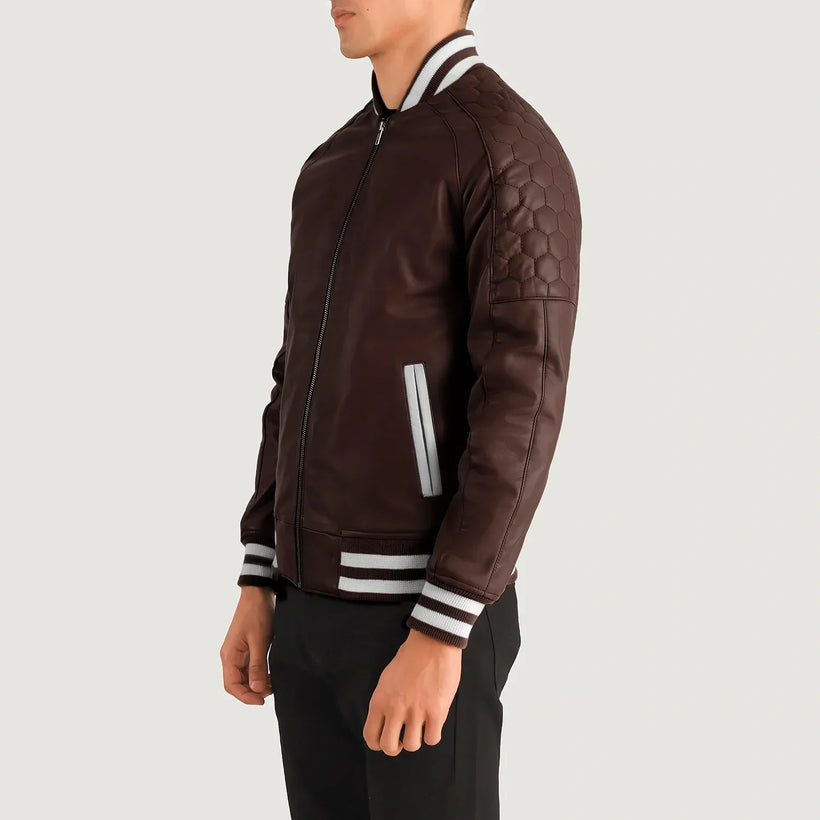 Pascal Bordeaux Leather Varsity Veste en Cuir pour Homme