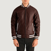Vue détaillée of Varsity collar &amp; Zipper Hardware on Pascal Bordeaux Leather Varsity Veste en Cuir pour Homme
