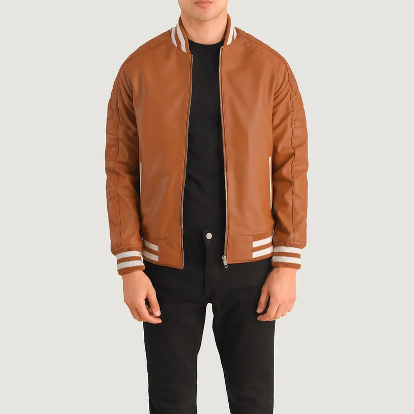 Pascal Camel Marron Leather Varsity Veste en Cuir pour Homme