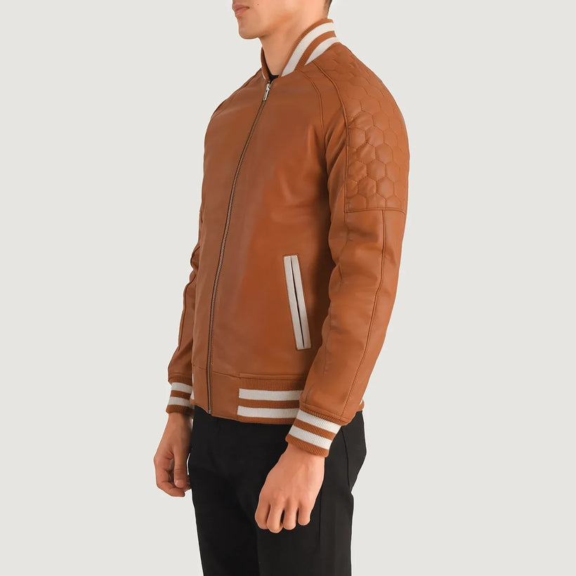 Pascal Camel Marron Leather Varsity Veste en Cuir pour Homme