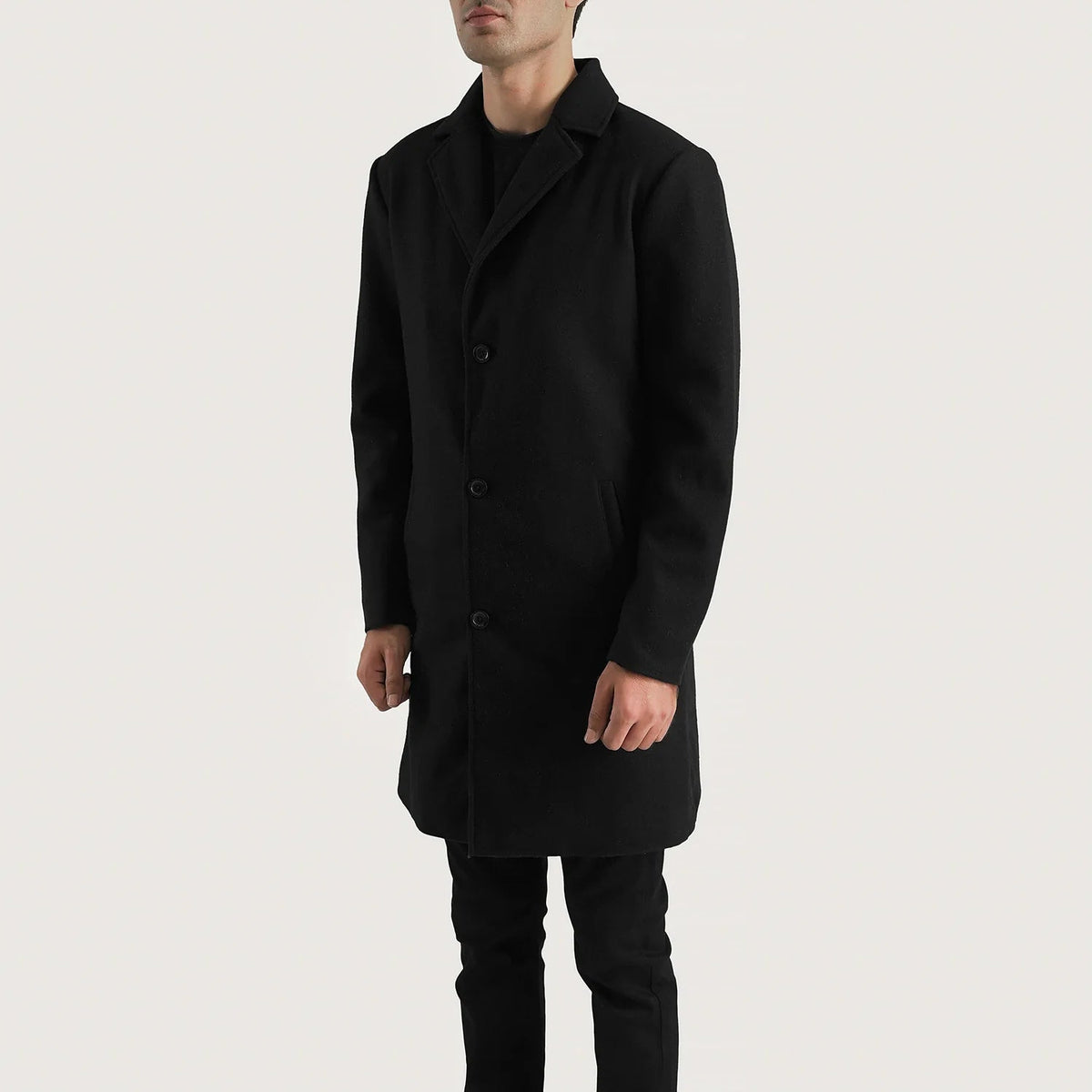 
Black Synthetic Wool Trench Coat - Vue arrière montrant la carrure ajustée et l'ourlet net