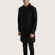 
Black Synthetic Wool Trench Coat - Vue arrière montrant la carrure ajustée et l'ourlet net