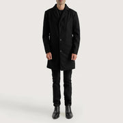 
Petrillo Noir Wool Single Breasted Manteau en Cuir pour Homme - Vue de profil mettant en valeur la coupe de manche ergonomique