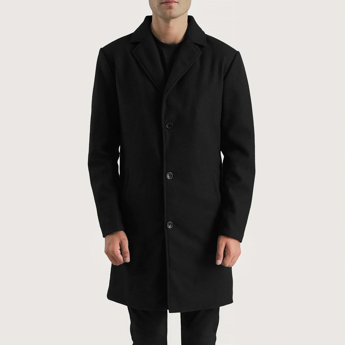 
Vue détaillée of Notch & Button Hardware on Petrillo Noir Wool Single Breasted Manteau en Cuir pour Homme