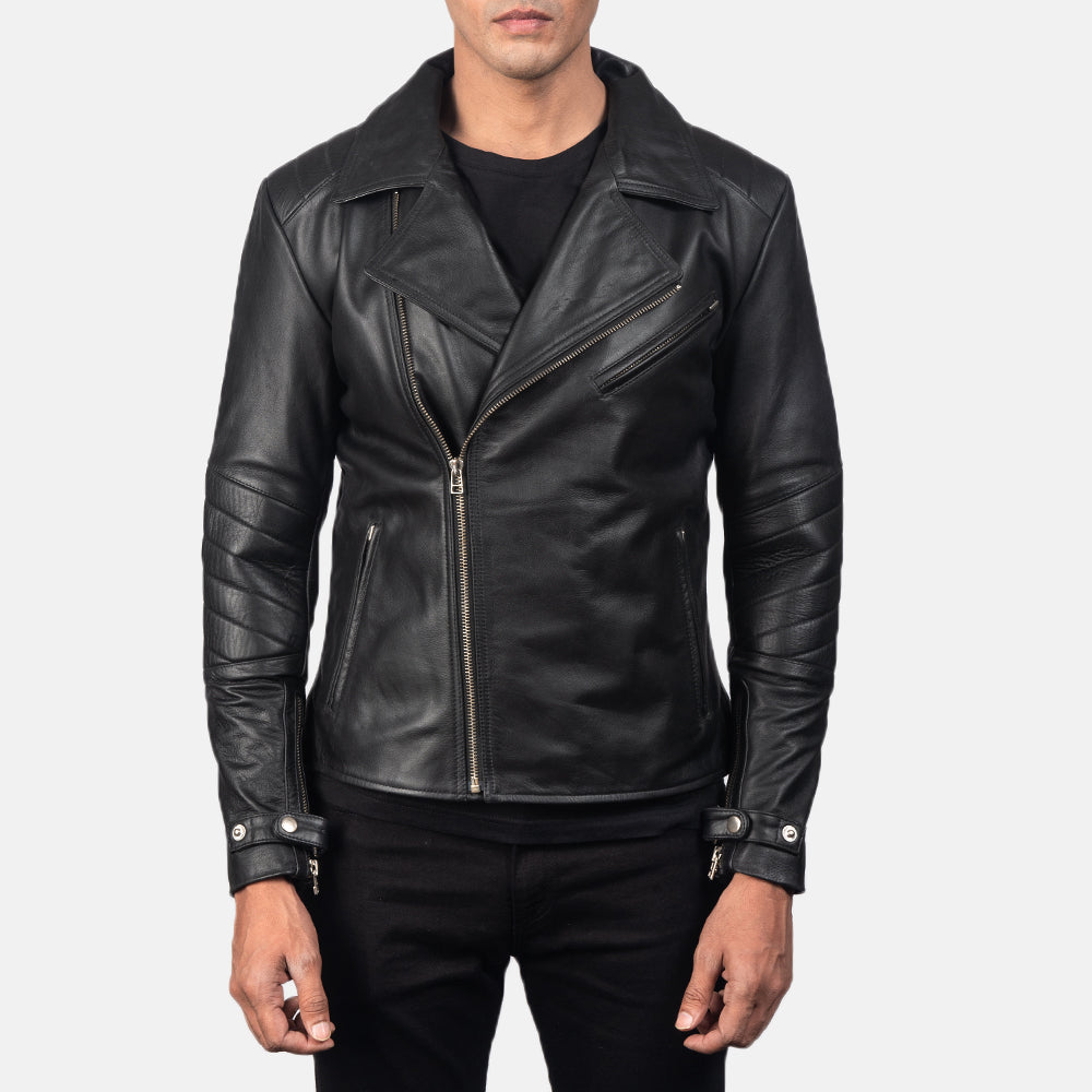 Vue détaillée of Notch &amp; Zipper Hardware on Men's Raiden Black Leather Biker Jacket
