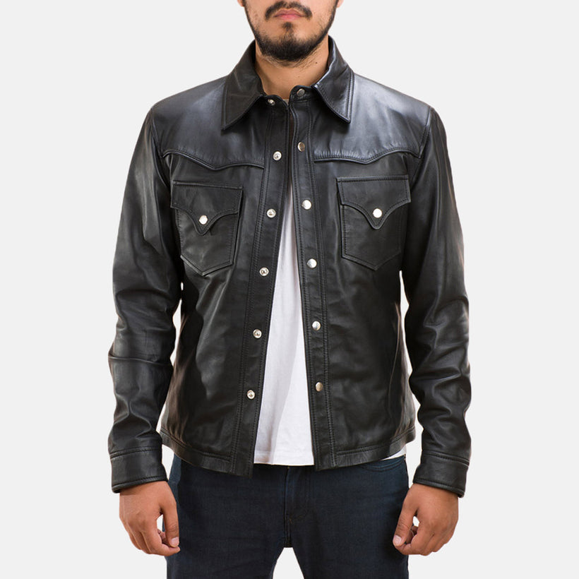 Ranchson Noir Leather Shirt pour Homme