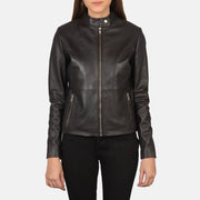 Women's Rave Brown Leather Biker Jacket in Brown Sheepskin Leather - Vue de face &amp; silhouette ajustée | Acheter en ligne