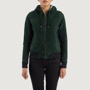 
Vue détaillée of Hooded & Zipper Hardware on Rebella Green Hooded Suede Bomber Jacket