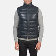 Vue détaillée of Classic Collar &amp; Zipper with Dual Puller Hardware on Men's Reeves Bleu Leather Puffer Vest pour Homme