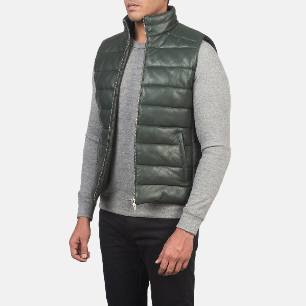 
Green Sheepskin leather Vest - Vue arrière montrant la carrure ajustée et l'ourlet net