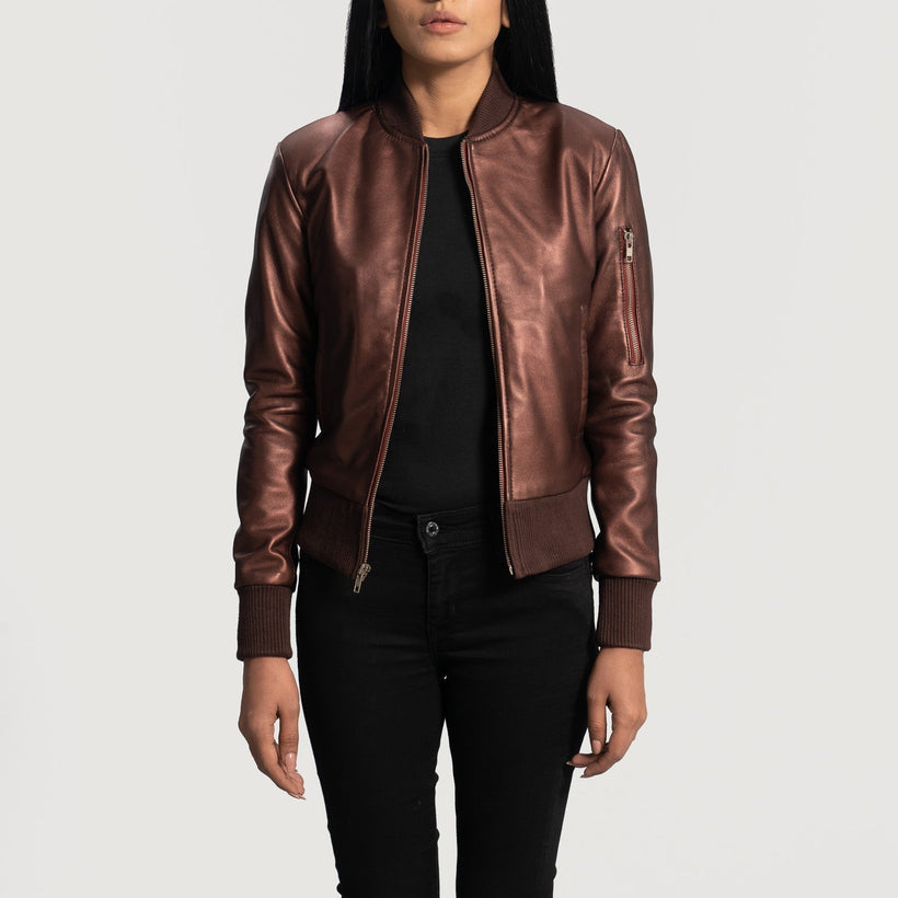 Reida Bordeaux Blouson Bombardier en Cuir pour Femme