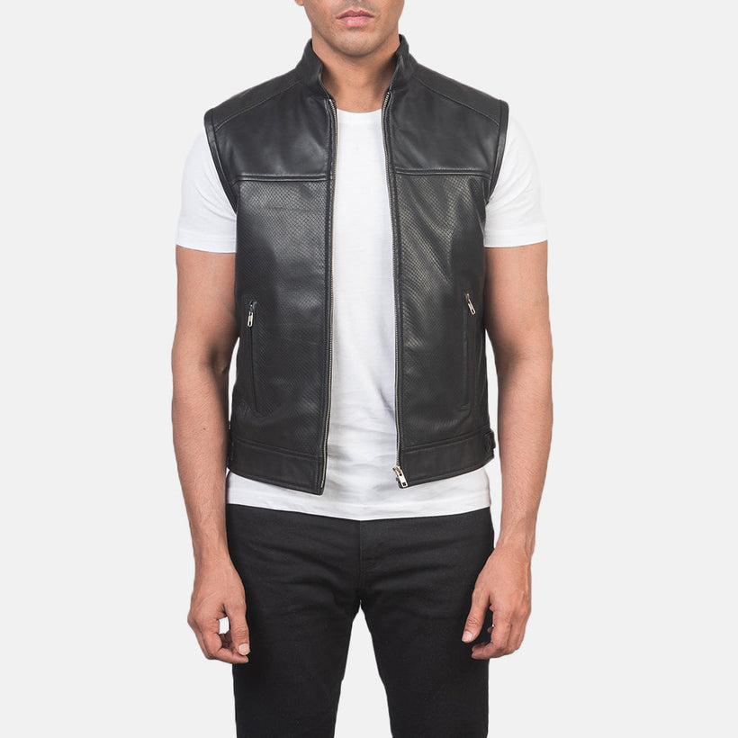 Men's Roland Black Leather Biker Vest in Black Cowhide &Amp; Sheepskin Leather - Front Profile View & Tailored Silhouette | Buy Online