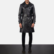 Vue détaillée of Shirt &amp; Heavy-Duty Zipper Hardware on Men's Royson Noir Leather Duster Manteau en Cuir pour Homme