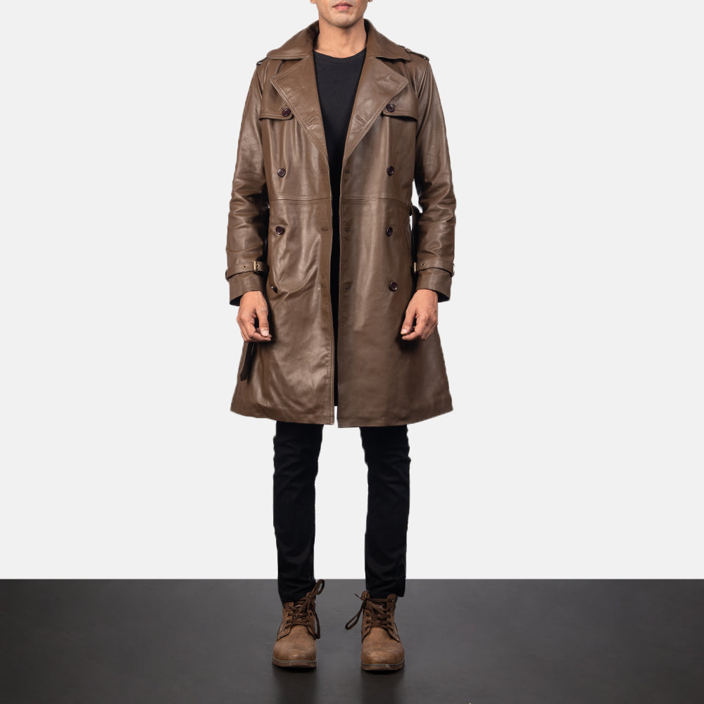 
Vue détaillée of Shirt & Heavy-Duty Zipper Hardware on Royson Marron Leather Duster Manteau en Cuir pour Homme
