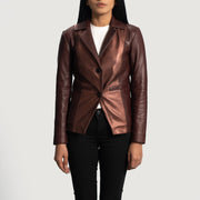 
Ruby Metallic Bordeaux Blazer en Cuir en Cuir pour Femme in Maroon Sheepskin Leather - Vue de face & silhouette ajustée | Acheter en ligne