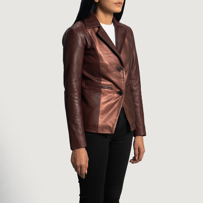 Ruby Metallic Bordeaux Blazer en Cuir en Cuir pour Femme