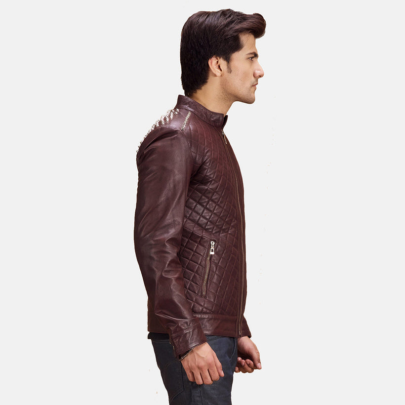 Rumano Jae Bordeaux Veste Motard en Cuir pour Homme