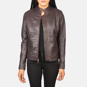 Rumella Maroon Leather Biker Jacket in Maroon Sheepskin Leather - Vue de face &amp; silhouette ajustée | Acheter en ligne