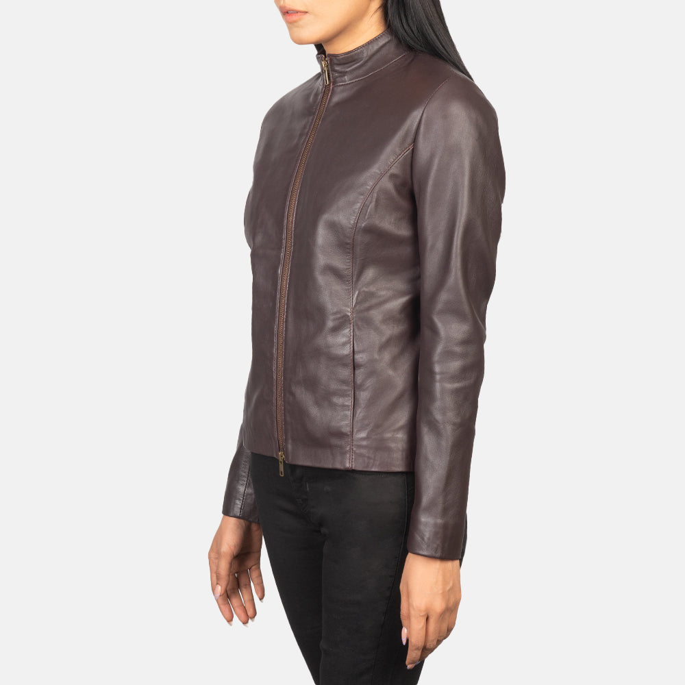 Maroon Sheepskin Leather Biker Jacket - Vue arrière montrant la carrure ajustée et l'ourlet net
