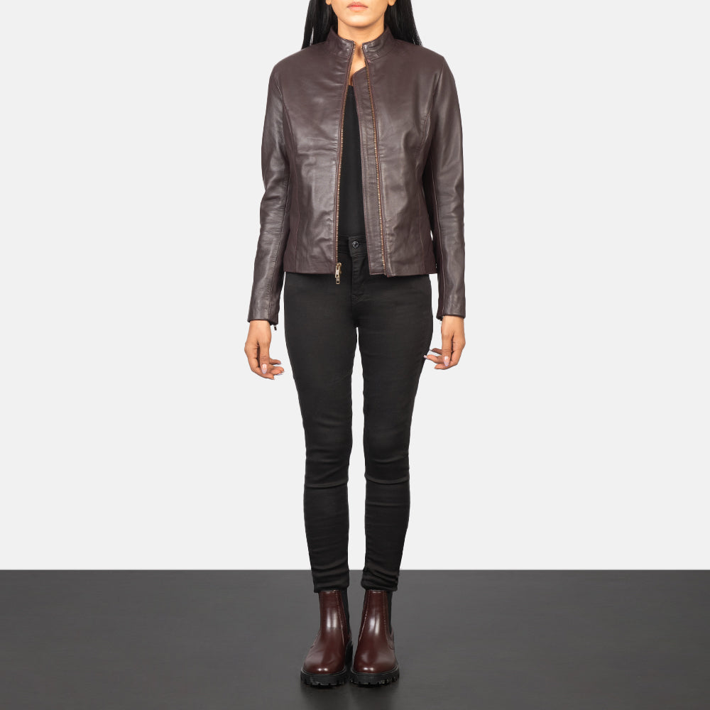 Rumella Maroon Leather Biker Jacket - Vue de profil mettant en valeur la coupe de manche