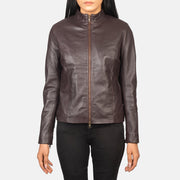 Vue détaillée of Mandarin &amp; Zipper with Dual Puller Hardware on Rumella Maroon Leather Biker Jacket