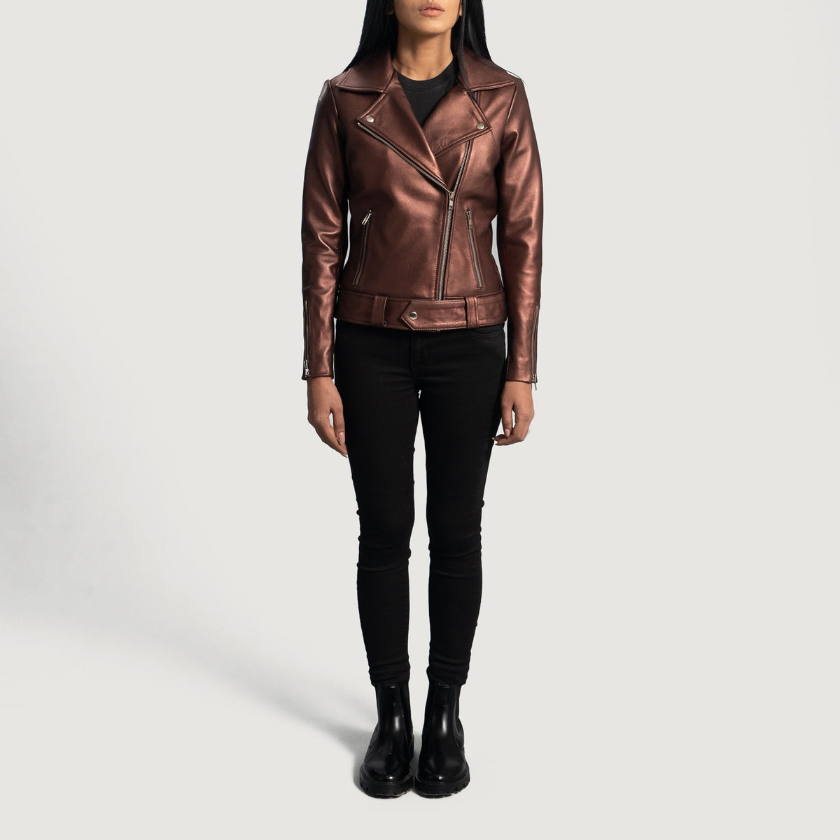 
Vue détaillée of Notch & Zipper Hardware on Rumy Maroon Leather Biker Jacket