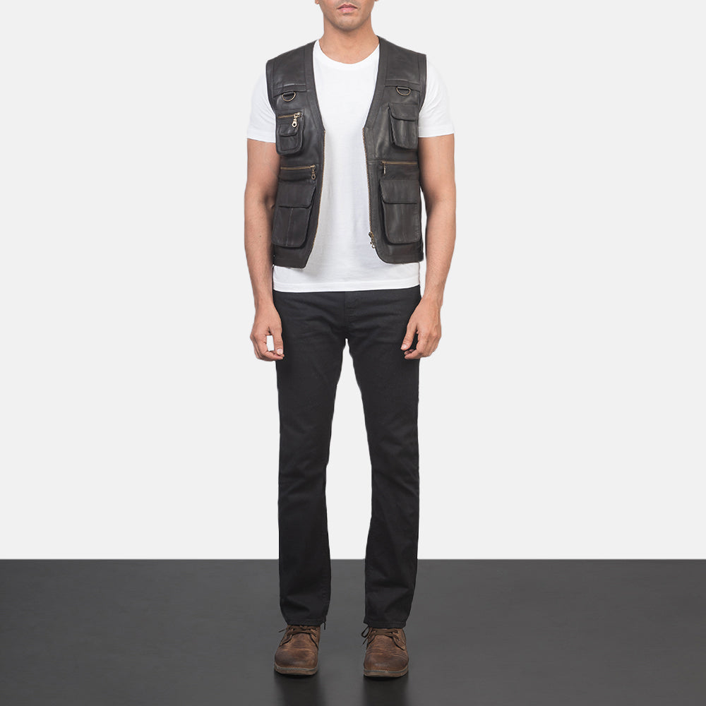 Men's Safari Marron Gilet en Cuir pour Homme - Vue de profil avec coupe de manche ergonomique