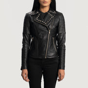 Women's Sally Mae Studded Noir Veste Motard en Cuir pour Femme in Black Sheepskin Leather - Vue de face &amp; silhouette ajustée | Acheter en ligne