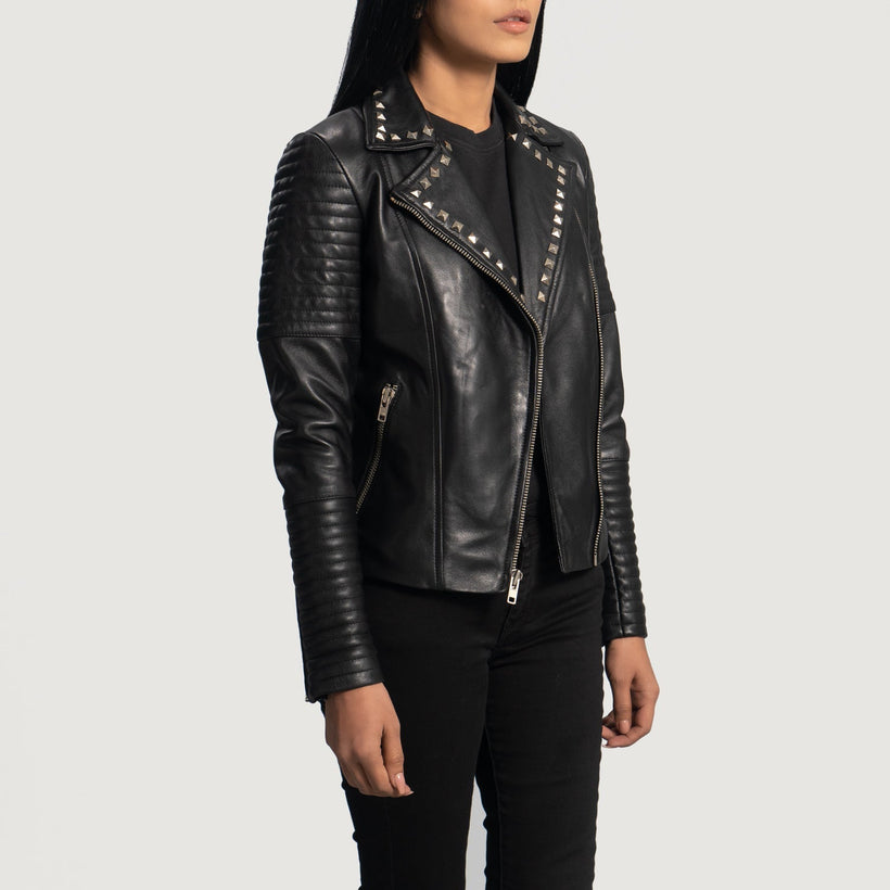 Sally Mae Studded Noir Veste Motard en Cuir pour Femme