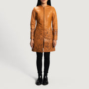 Vue détaillée of Classic Collar &amp; Zipper Hardware on Women's Sandy Camel Dye Manteau en Cuir pour Femme