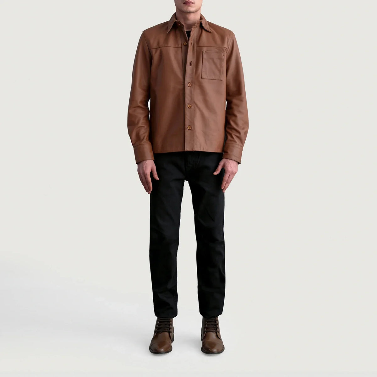 Vue détaillée of Shirt &amp; Buttons Hardware on Scout Matte Marron Leather Shirt pour Homme
