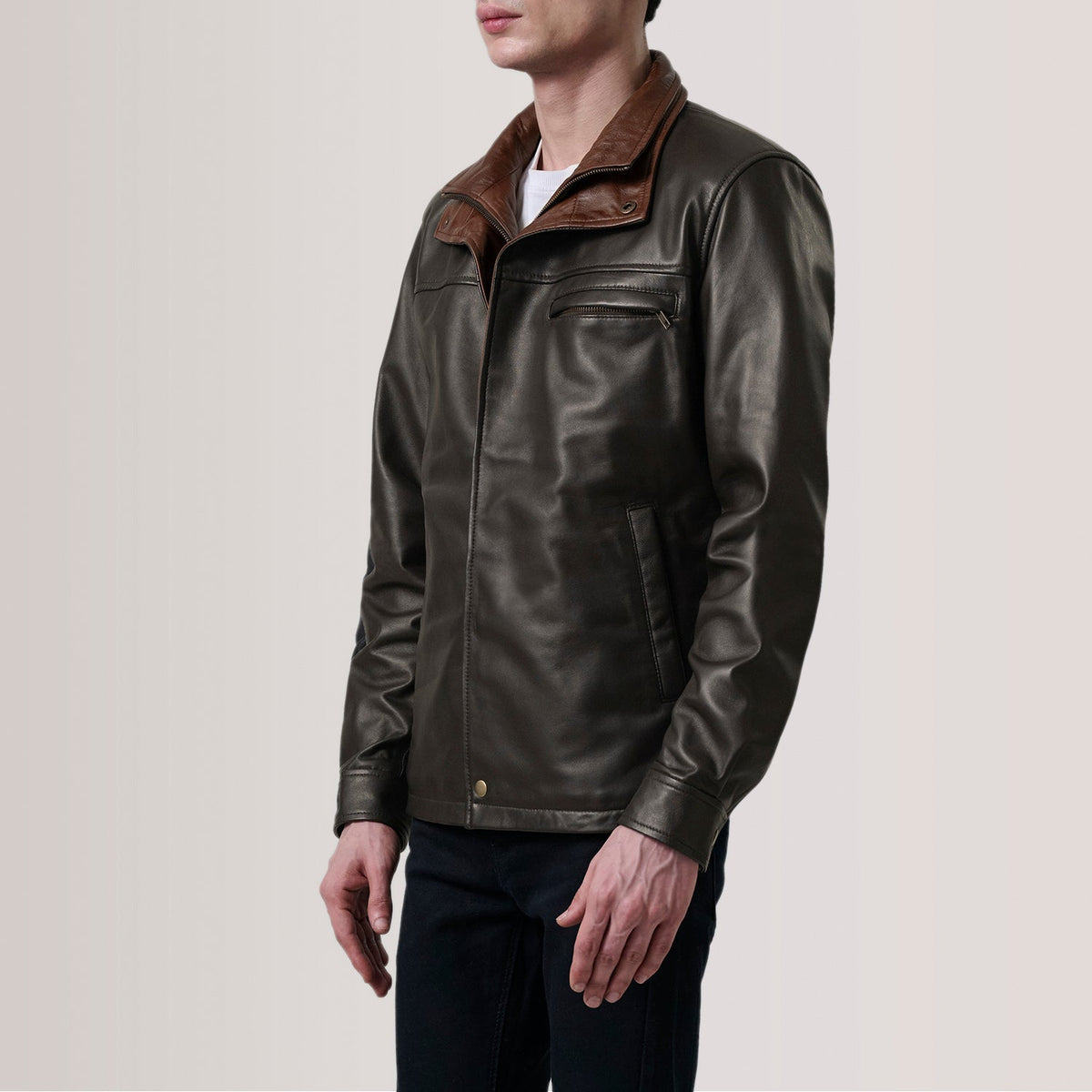 Sean Marron Leather Classic Veste en Cuir pour Homme For Men - Vue de profil avec coupe de manche ergonomique