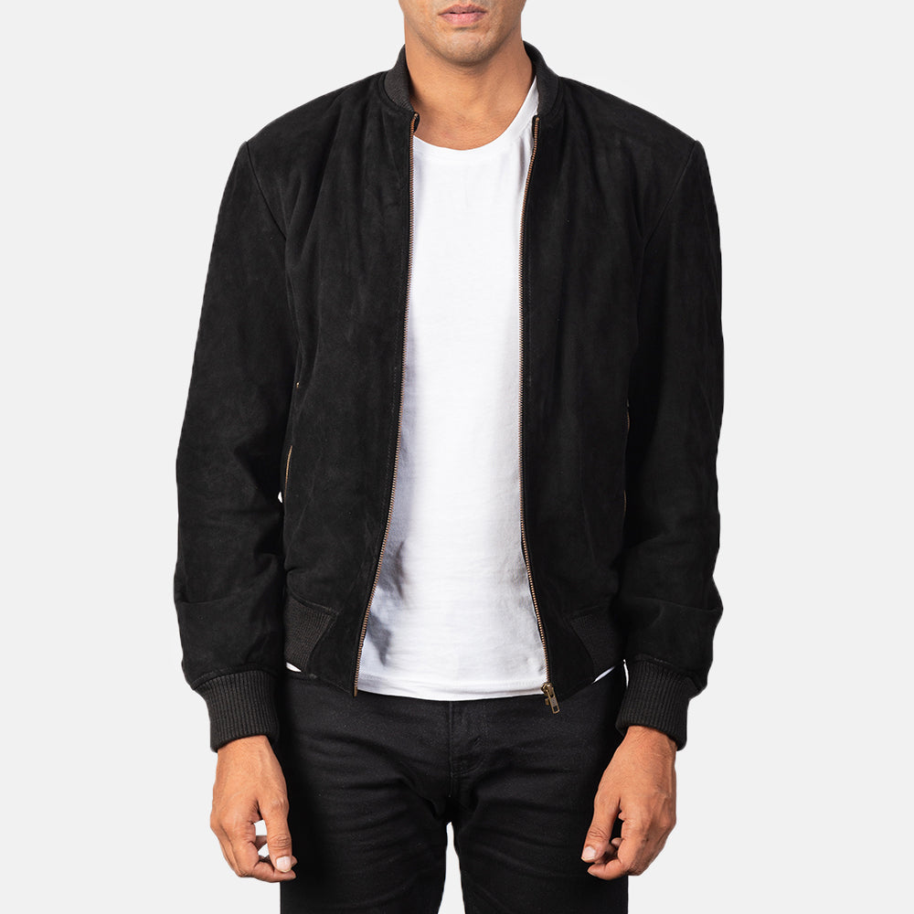 Men's Shane Noir Suede Blouson Bomber en Cuir pour Homme in Black Goatskin Suede - Vue de face &amp; silhouette ajustée | Acheter en ligne