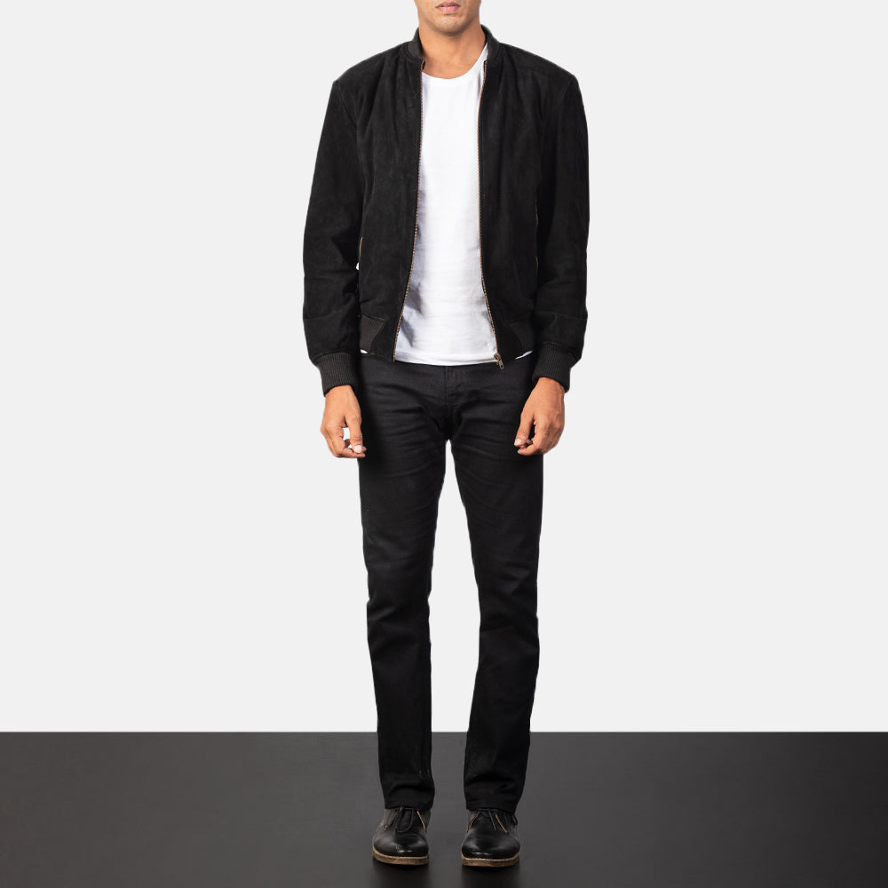 Men's Shane Noir Suede Blouson Bomber en Cuir pour Homme - Vue de profil avec coupe de manche ergonomique