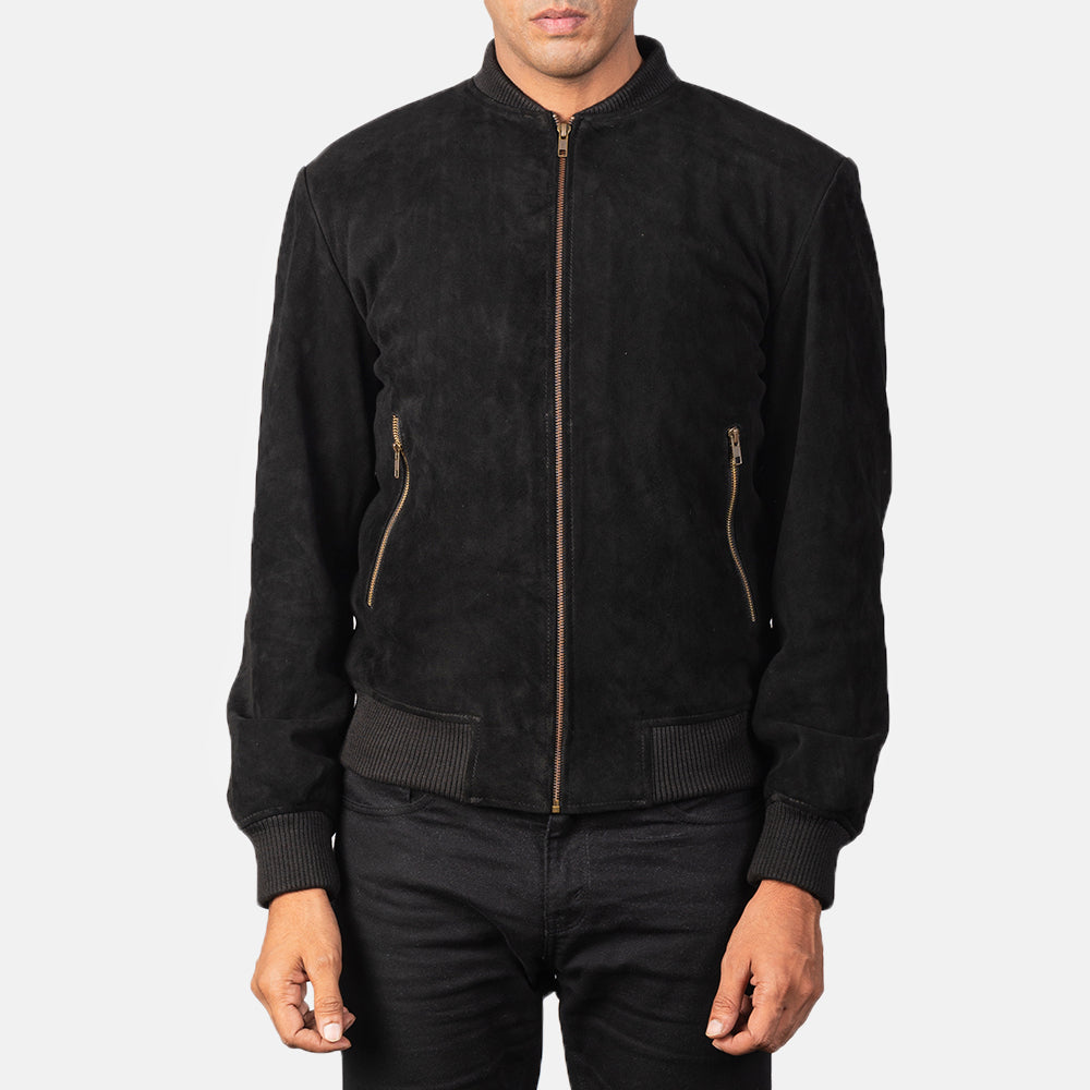 Vue détaillée of Varsity &amp; Zipper Hardware on Men's Shane Noir Suede Blouson Bomber en Cuir pour Homme